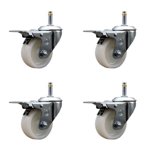 4'' Nylon Swivel 7/16'' Grip Ring Stem Caster Set with Total Lock Brake, 4PK